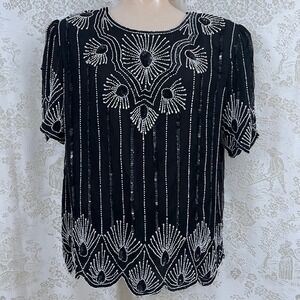 Vtg Intricate Black Beaded Sequin Silk Short Sleeve Top 1X Art Deco Evening Glam